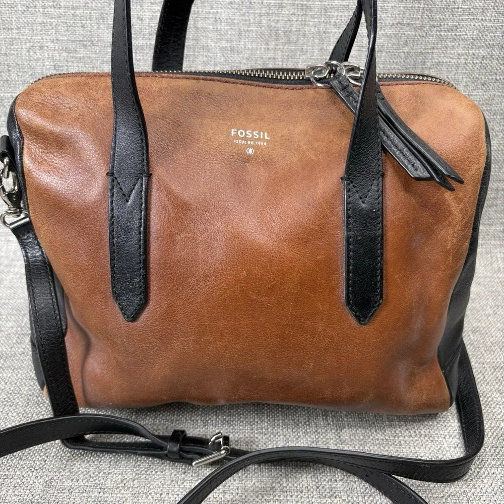 Fossil Sydney Satchel Brown Black Leather Crossbody Bag Two Tone Boho Purse